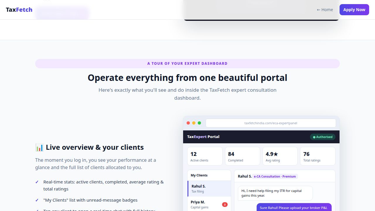 TaxFetch expert dashboard (TaxExpert Portal) showing active clients, completed consultations, average rating and client chat