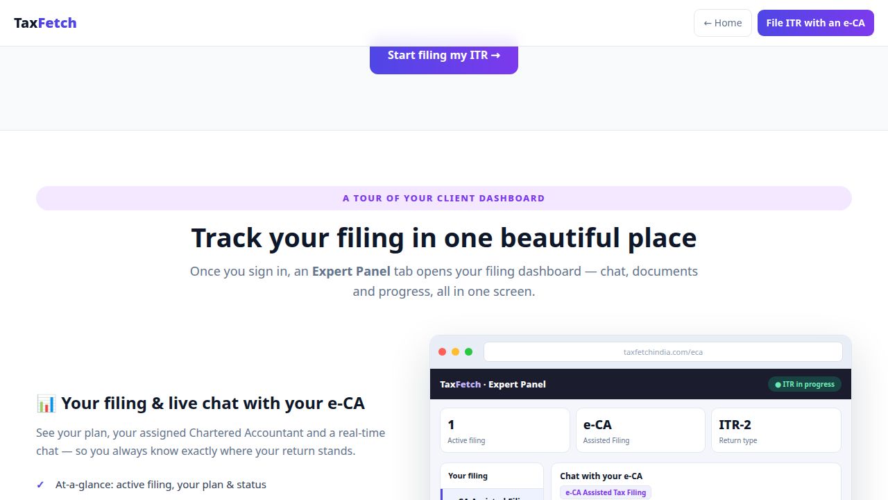 TaxFetch filing dashboard showing active filing status, assigned e-CA, ITR type and live chat