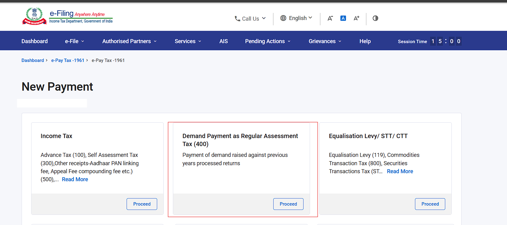Income Tax e-Filing New Payment page with Demand Payment as Regular Assessment Tax 400 highlighted