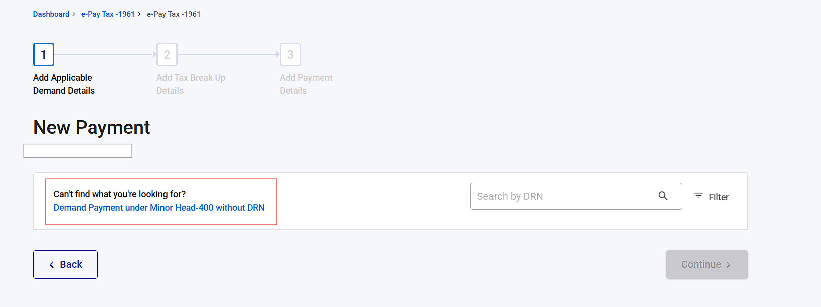 Income Tax e-Filing demand selection page with Demand Payment under Minor Head 400 without DRN highlighted