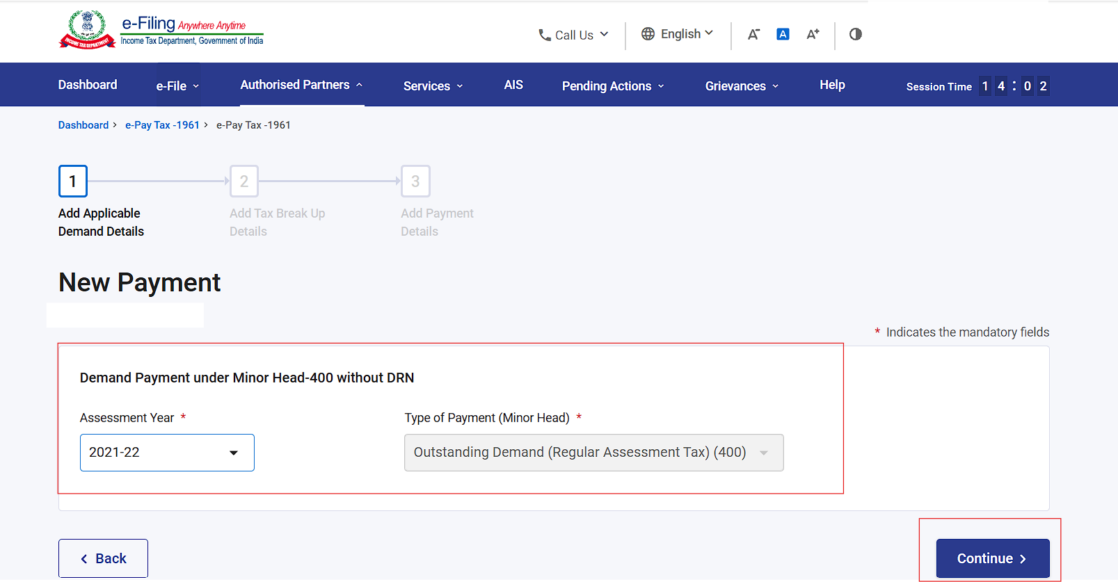 Income Tax e-Filing payment form showing assessment year and Outstanding Demand Regular Assessment Tax 400