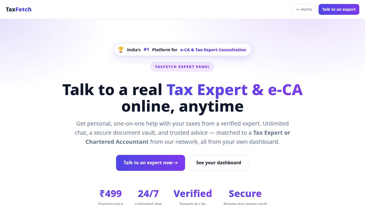 TaxFetch online tax consultation — talk to a verified Tax Expert or e-CA online instead of visiting a CA in person