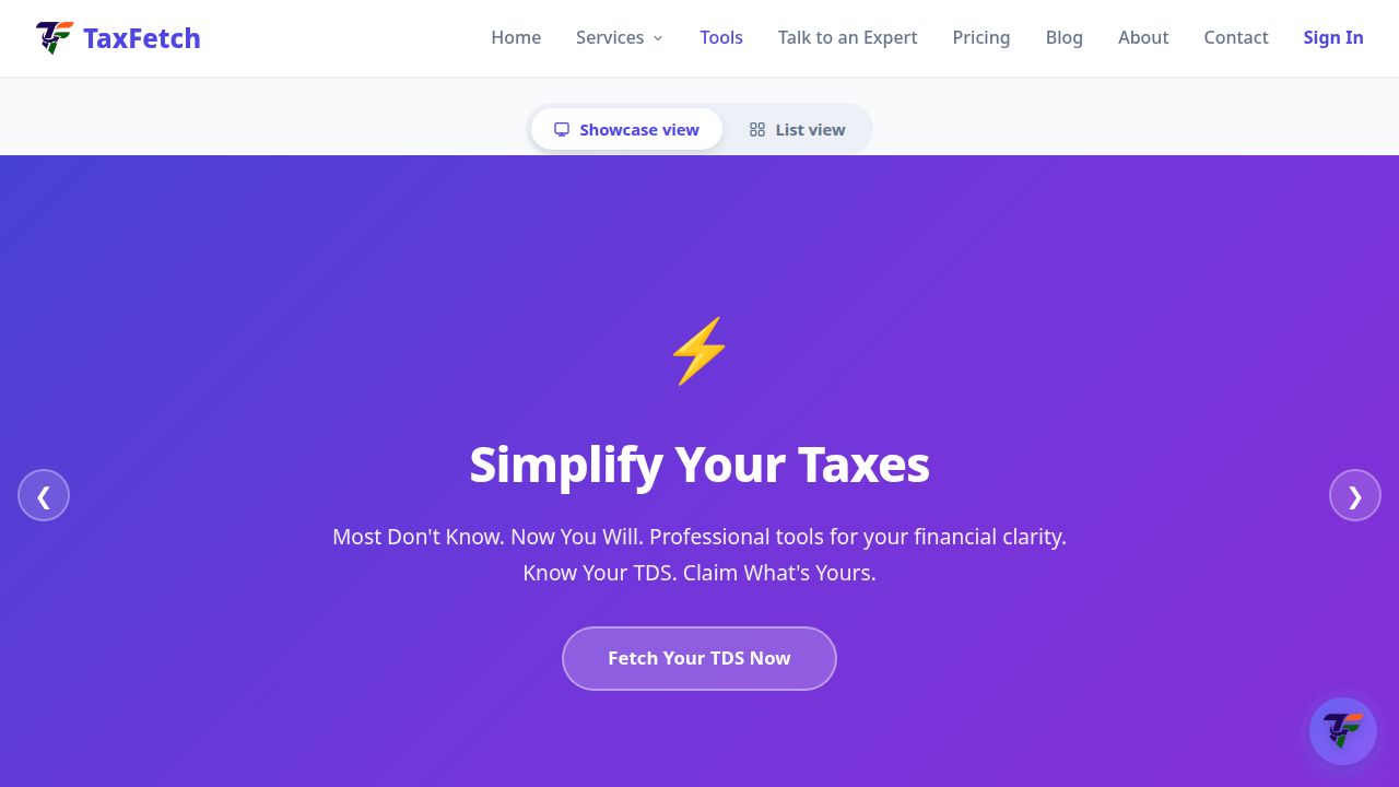TaxFetch free tools showcase — TDS, income tax, HRA, capital gains, stock profit, bank statement and TDS/TCS tools