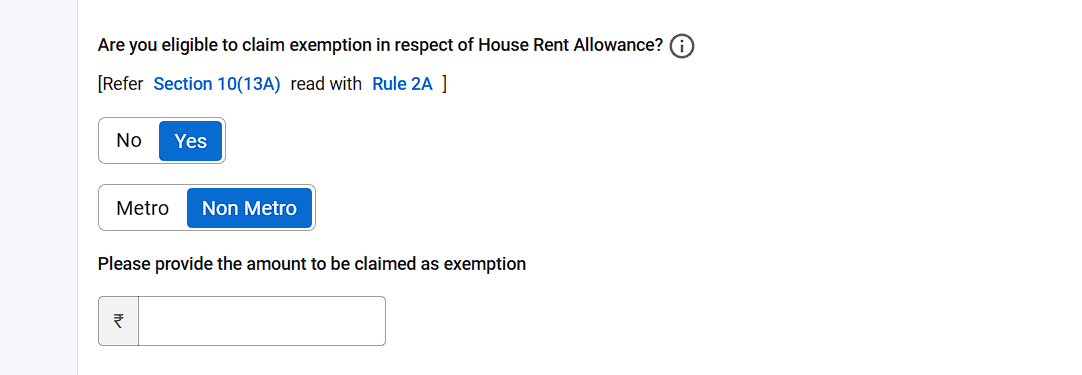 ITR HRA eligibility question: Yes selected with Metro or Non Metro toggle under section 10(13A) read with Rule 2A