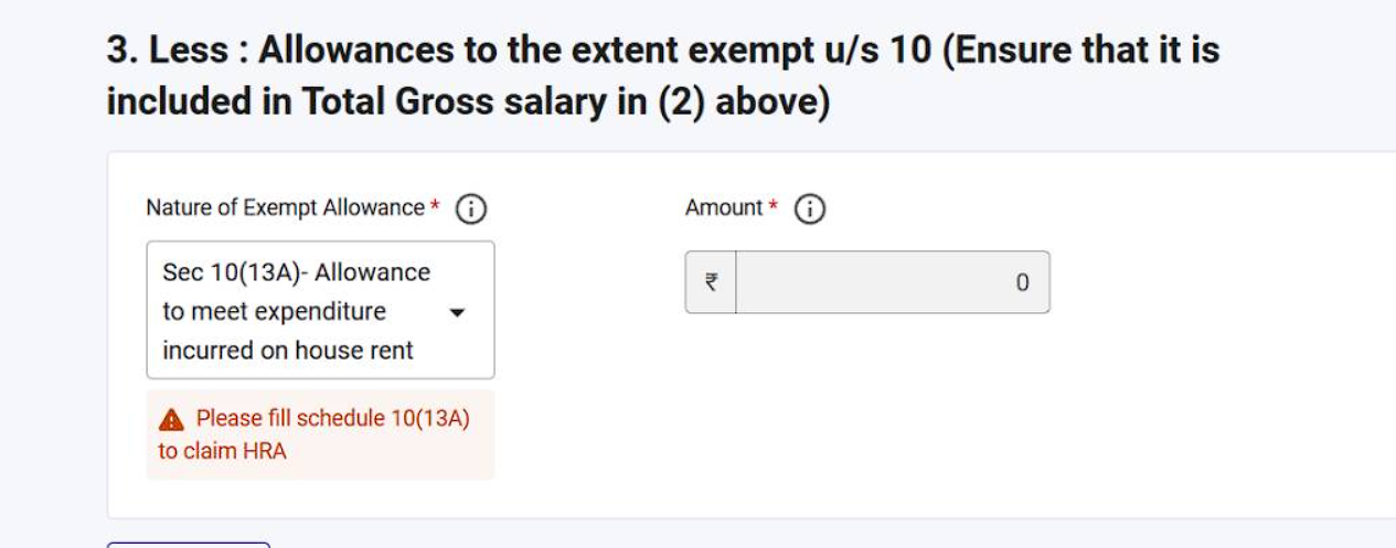 ITR portal error: Please fill schedule 10(13A) to claim HRA - exempt allowance amount locked at zero