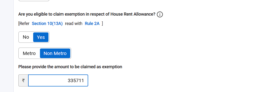 HRA exemption amount entered in the ITR questionnaire exemption field