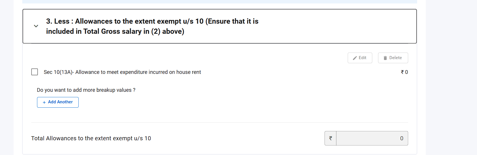 Schedule Salary Part 3: allowances exempt under section 10 with the Sec 10(13A) house rent row
