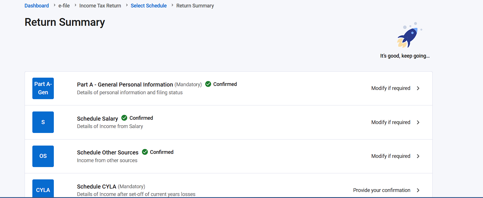 ITR Return Summary page showing Part A General, Schedule Salary and other schedules