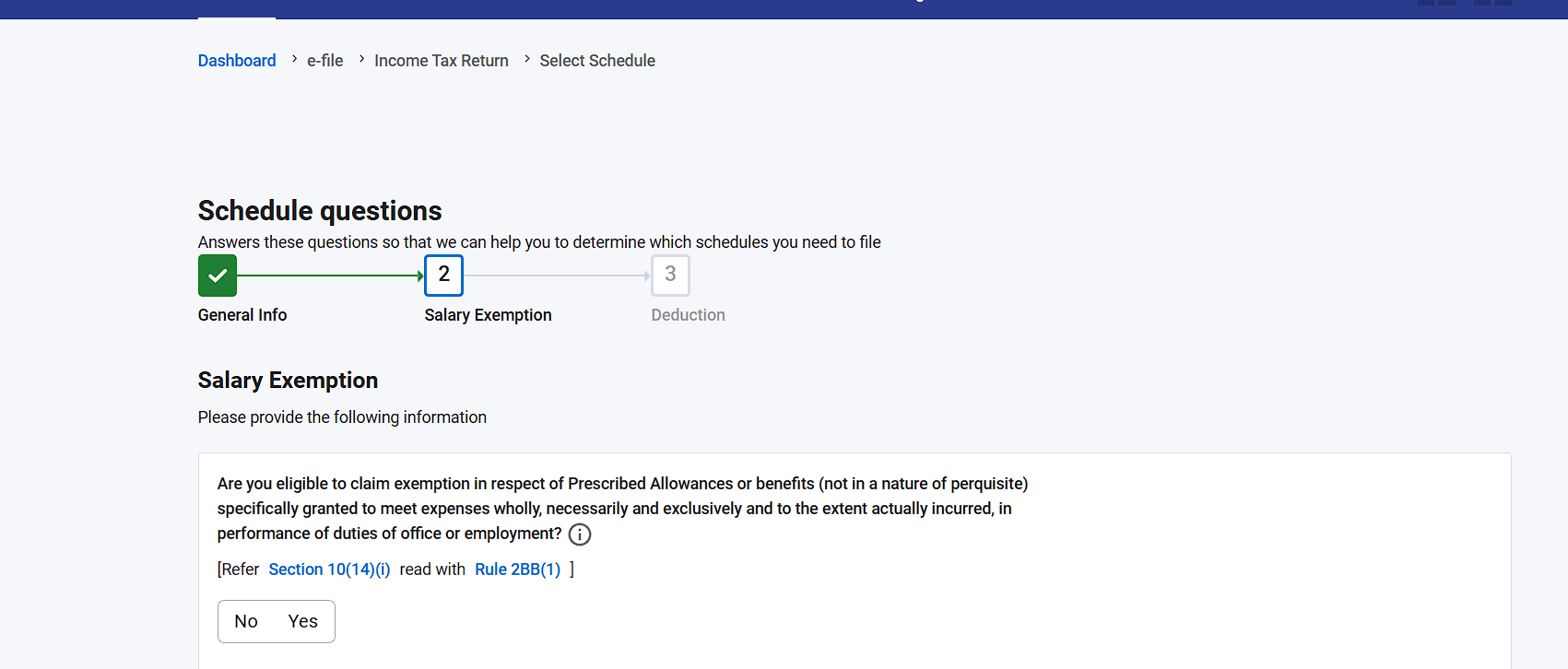 ITR Schedule questions Salary Exemption tab with prescribed allowances question under section 10(14)(i)