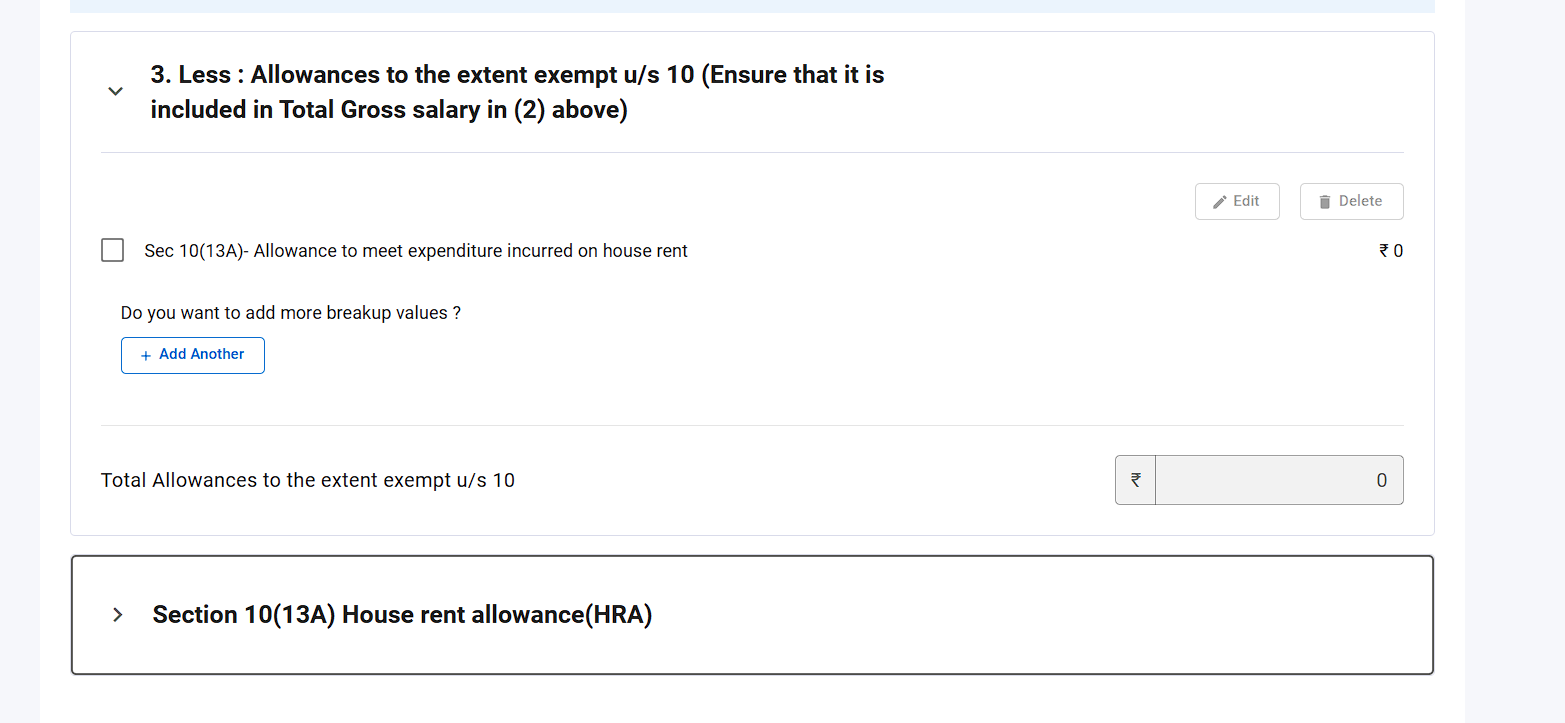 The Section 10(13A) House Rent Allowance schedule now visible and enabled below Part 3 in Schedule Salary