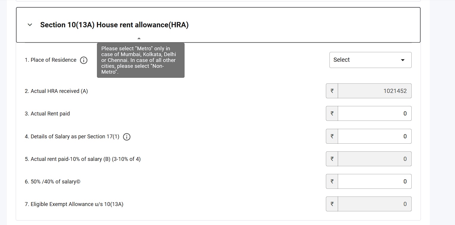 Schedule 10(13A) fields: place of residence, actual HRA received, actual rent paid, salary u/s 17(1), and auto-computed eligible exempt allowance