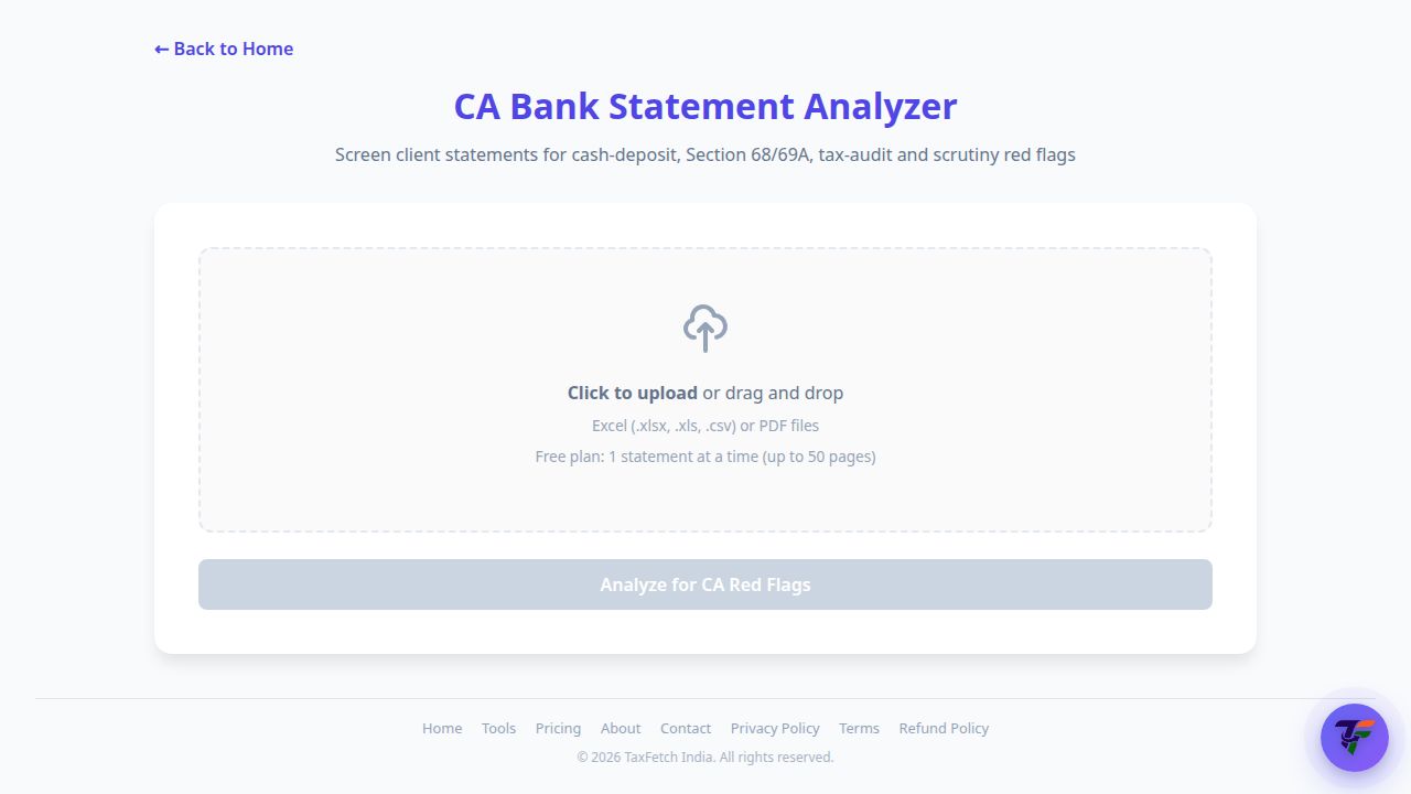 Screenshot of the CA Bank Statement Analysis tool