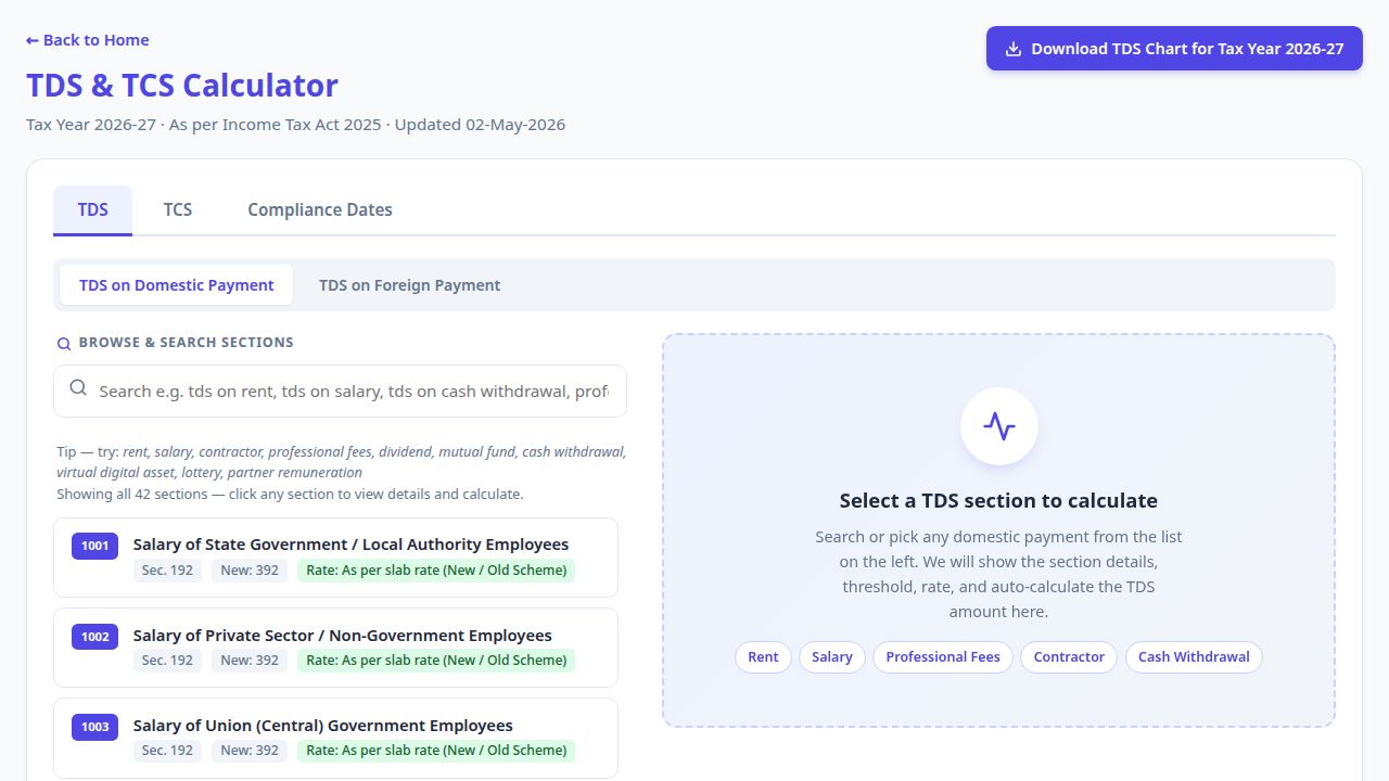 Screenshot of the TDS & TCS Calculator tool